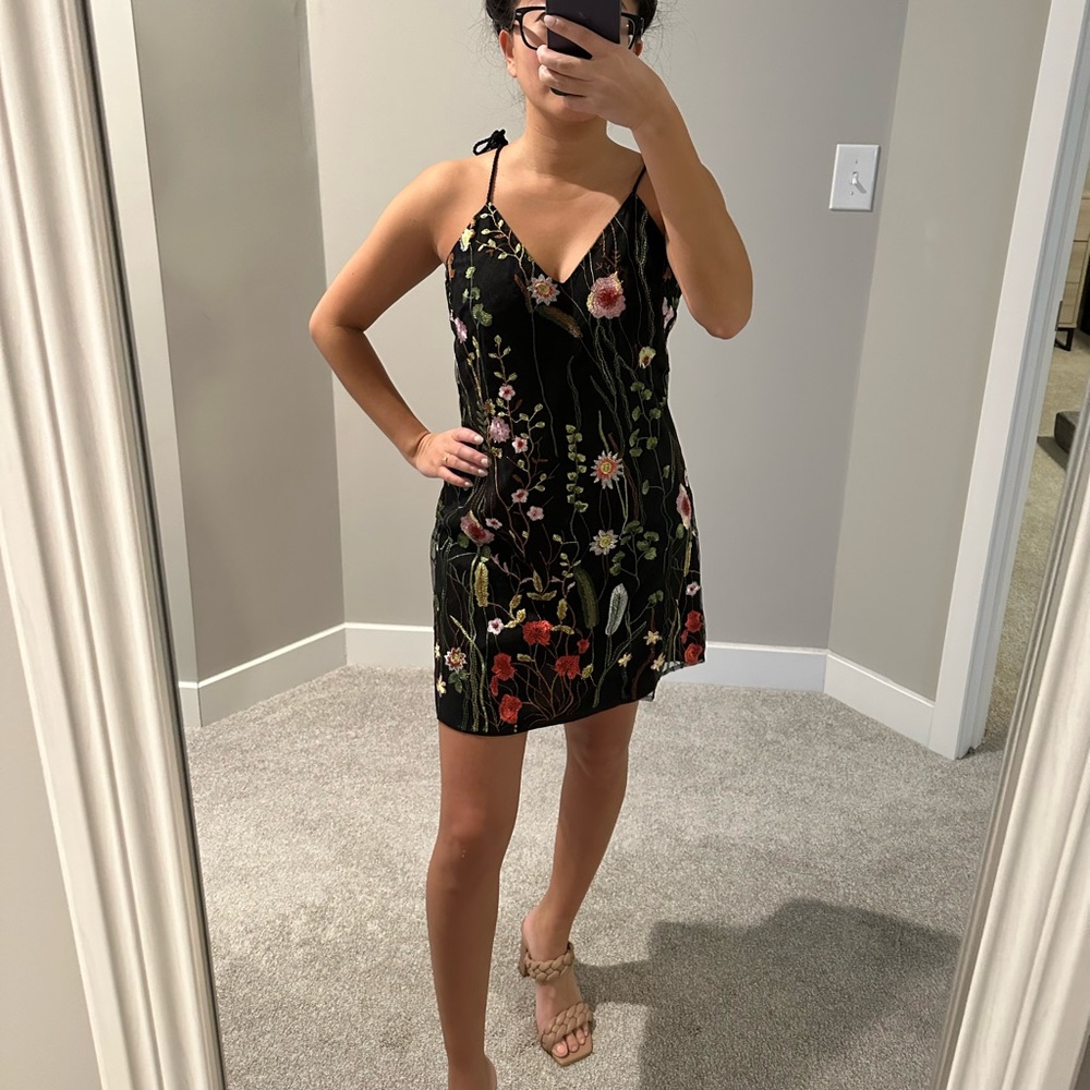 Embroidered Floral Dress with Tie Straps - Women’s XS
